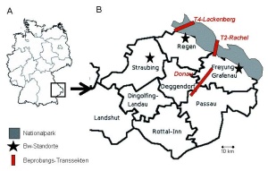 Abb 1: A) Lage der Beprobungsorte im VICCI-Projekt im Südosten Deutschlands (li.). B) Die 3 beprobten Transsekten & nahegelegene Bundeswehr-Standorte